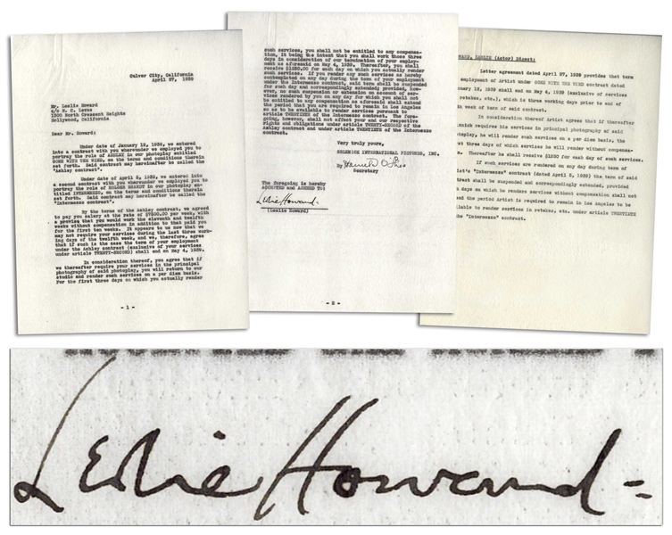 Leslie Howard Agreement Signed Regarding ''the role of ASHLEY in our photoplay entitled GONE WITH THE WIND''